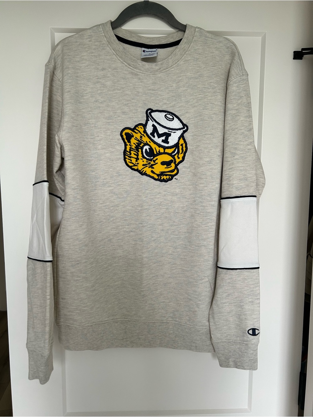Champion Women’s Light Gray Crewneck Sweatshirt with Yellow Mascot Patch